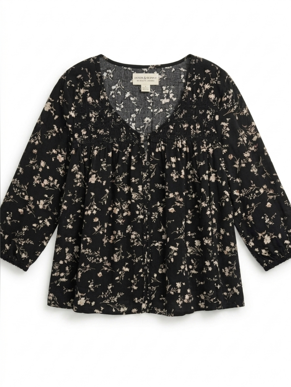 ​Denim & Supply Ralph Lauren Black Floral Boho Peasant Blouse | Lace Trim V-Neck